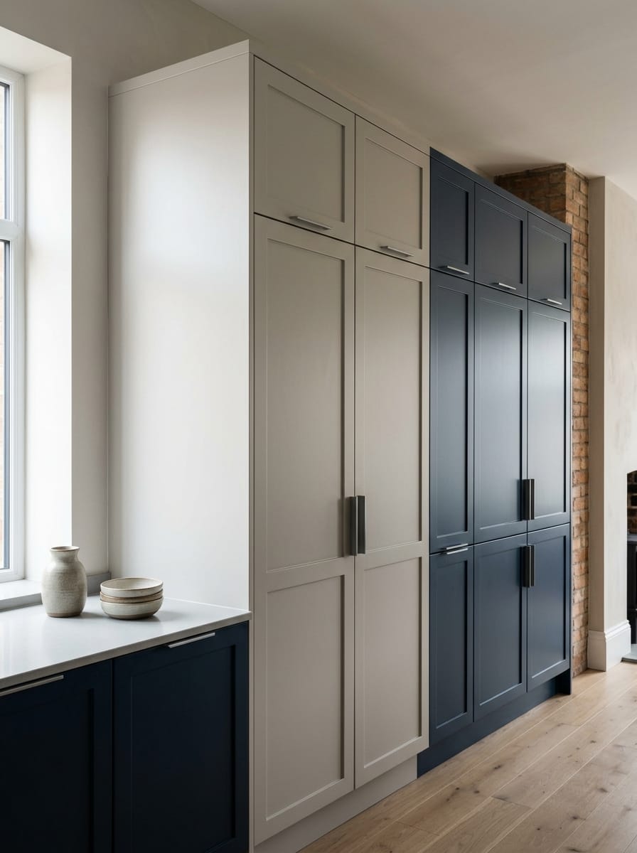 Two-tone kitchen units in navy and taupe with minimalist handles
