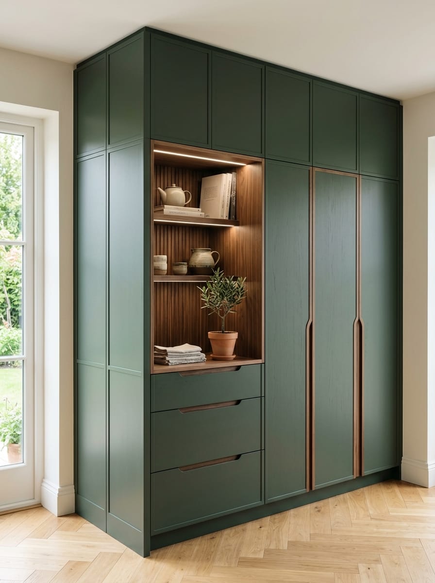 portrait2_600x800-99 dark green cupboards with wood-lined open shelving and integrated handles