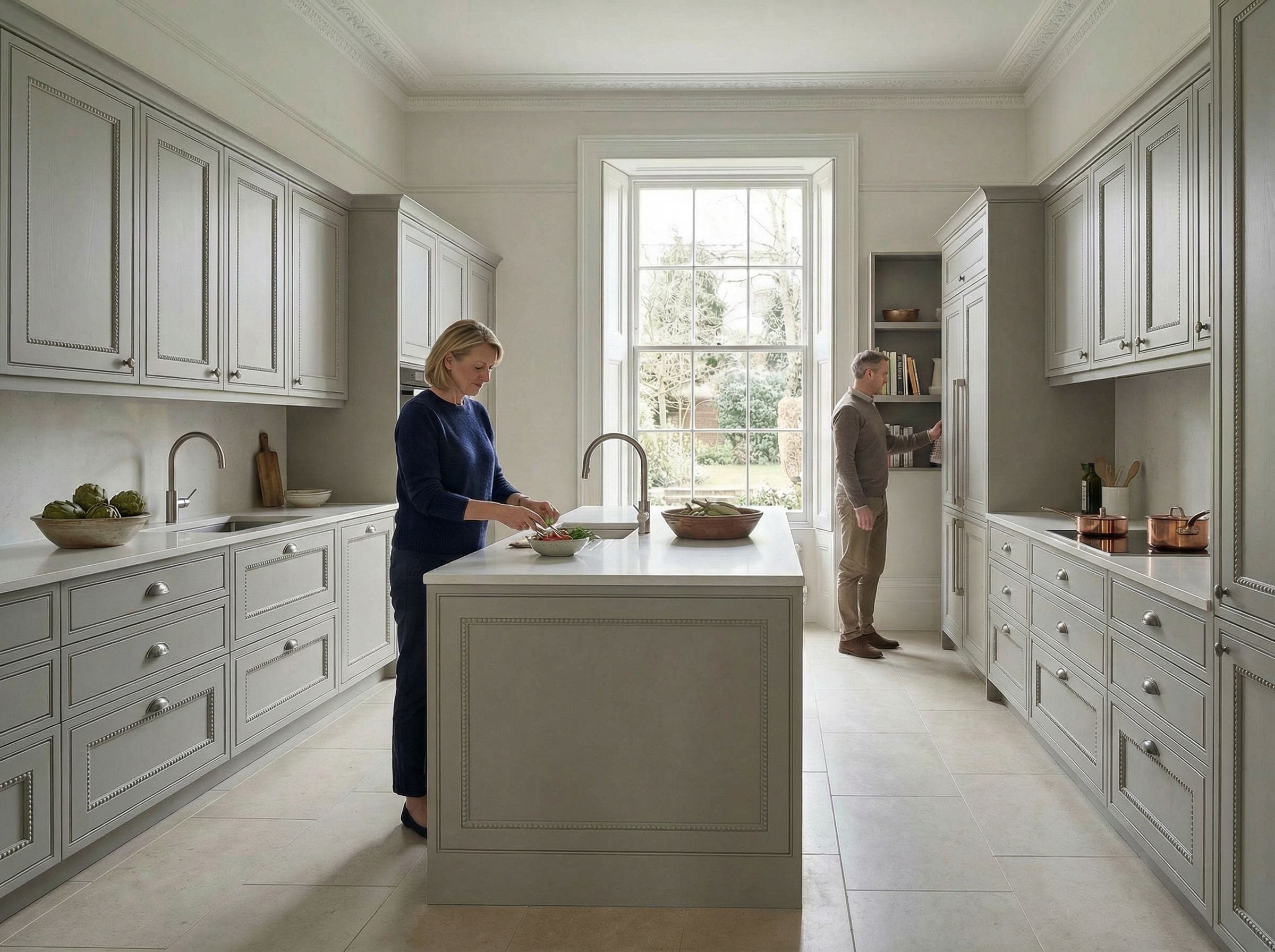 A bright, elegant kitchen with light gray cabinets, a large central island, and natural light streaming through a window overlooking a garden. Two people are preparing food—one at the island and another near tall shelving. The space is tidy, modern, and warmly lit.