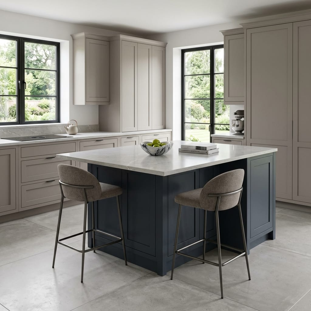 Bespoke kitchen island detail, matt painted handleless slab cabinetry with quality joinery