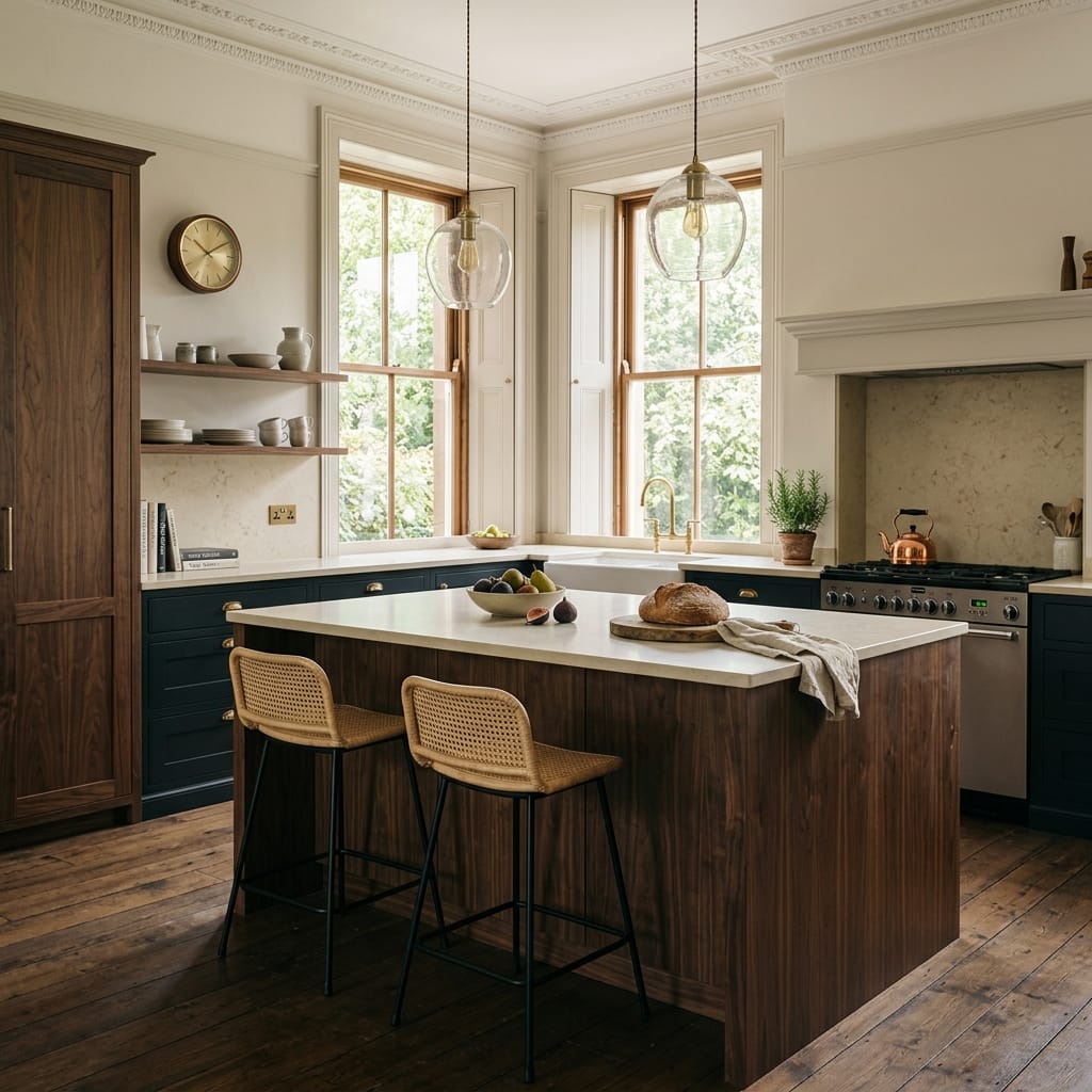 wooden island with rattan stools and globe pendant lights in airy kitchen
