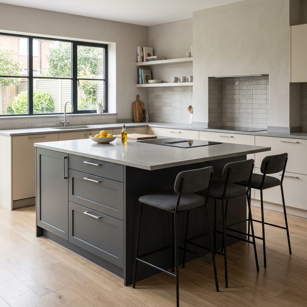 Modern kitchen with grey island, light wood flooring and large black-framed window