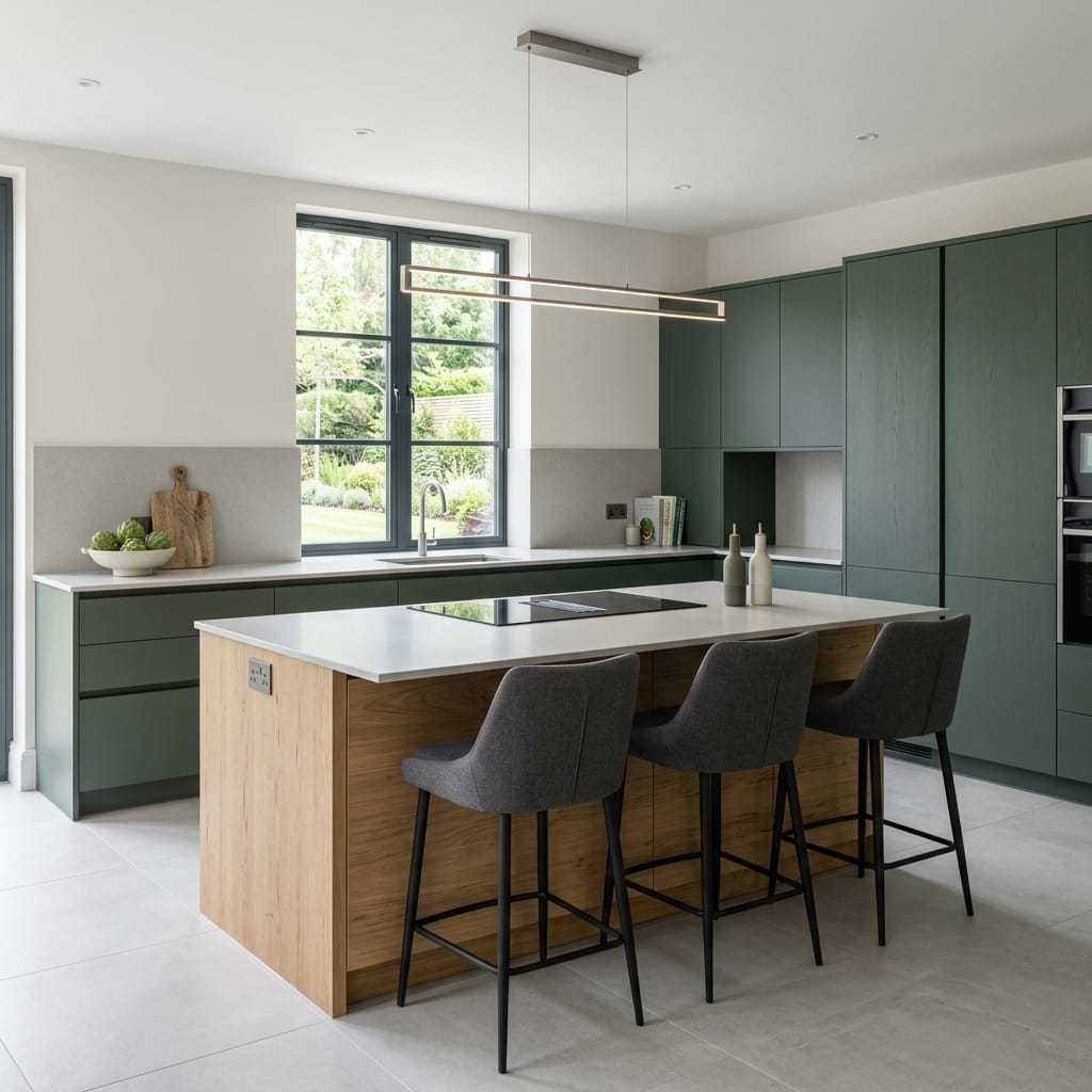 square1_800x800-111 sage green cabinets, wood island, grey bar stools, linear pendant light