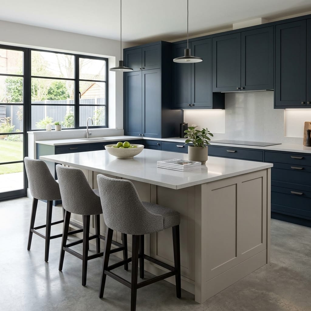 modern kitchen with navy cabinets, white island, grey bar stools and large windows