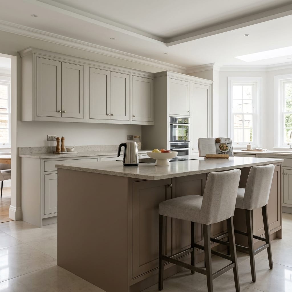 Bespoke kitchen island detail, modern shaker cabinetry with quality joinery