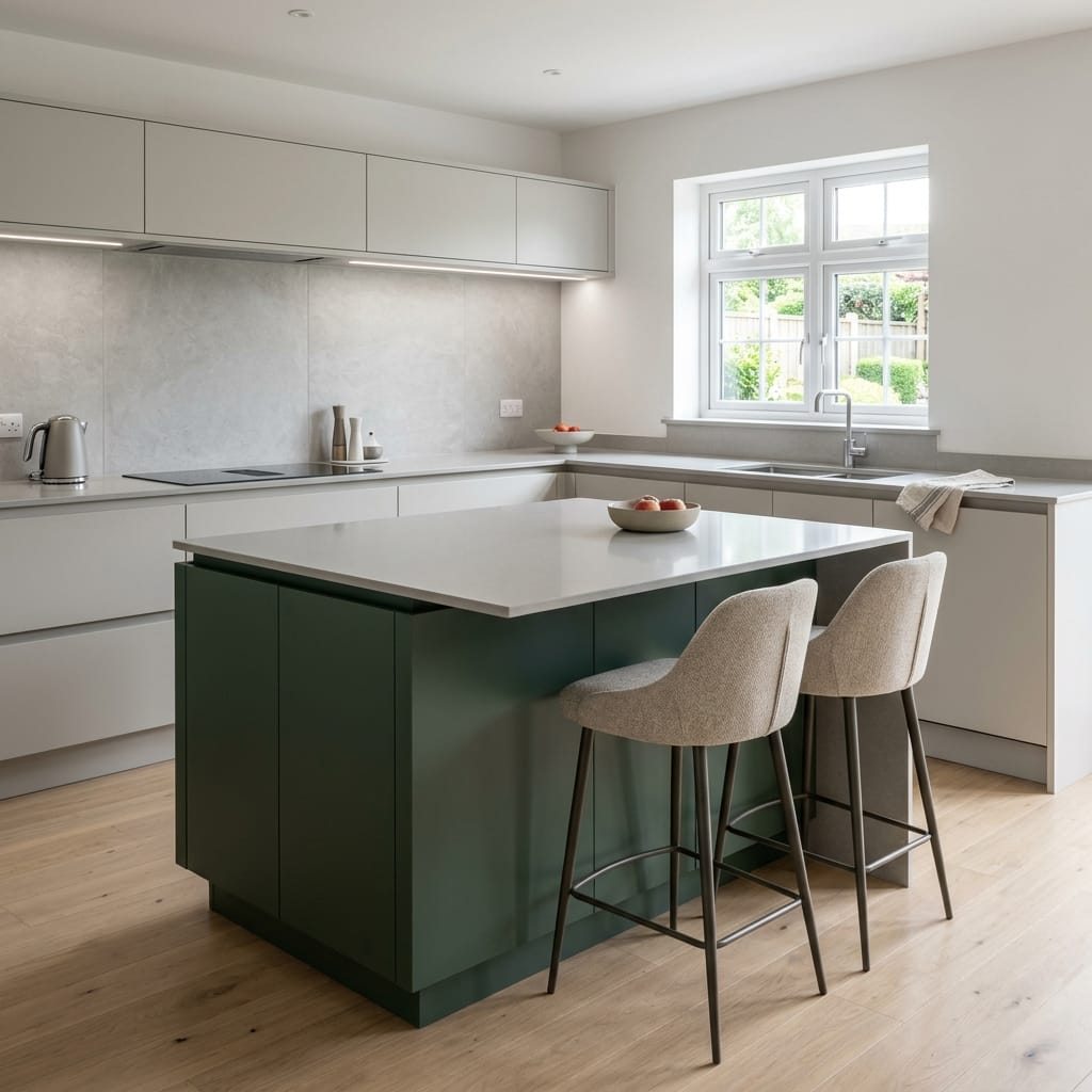 square1_800x800-115 Bespoke kitchen island detail, matt painted handleless slab cabinetry with quality joinery