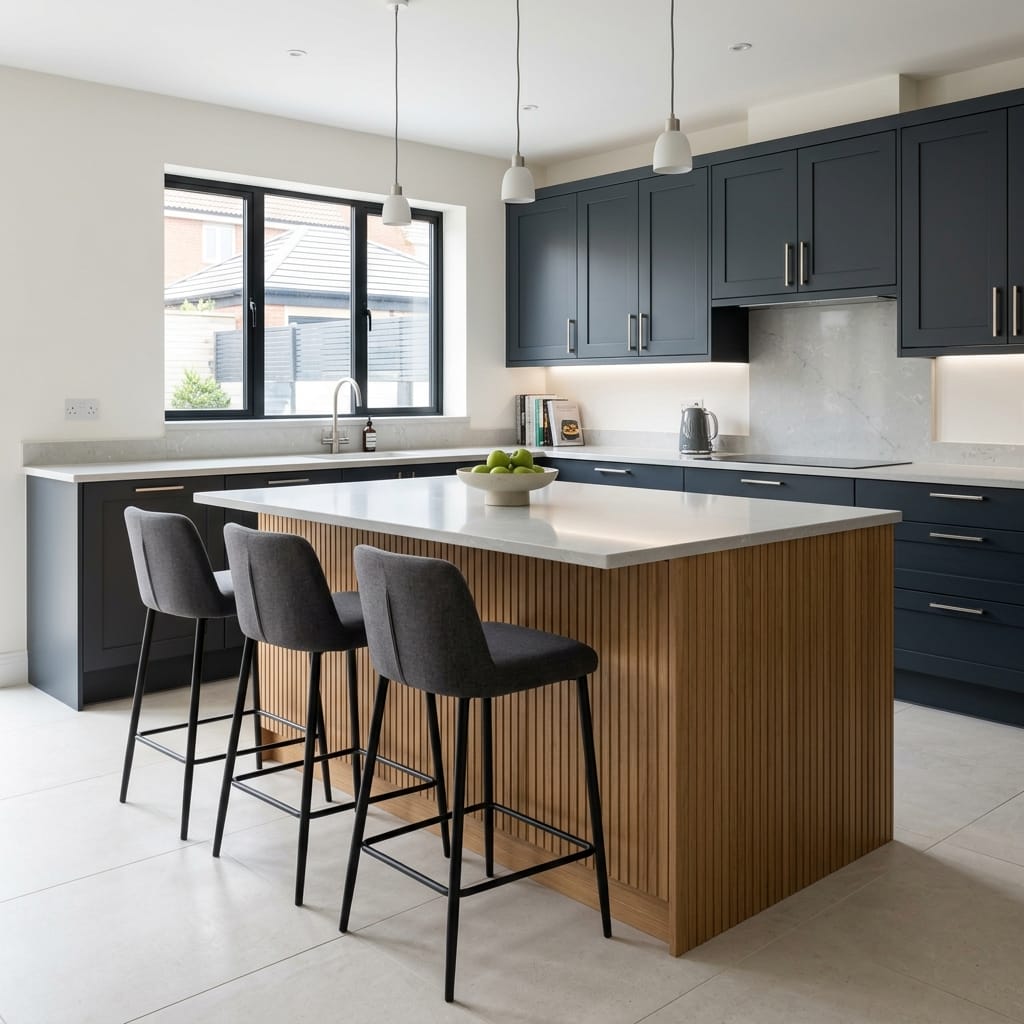 Modern kitchen with navy cabinets, wood slatted island and grey bar stools