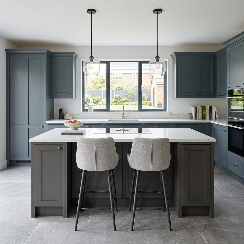 Bespoke kitchen island detail, matt painted handleless slab cabinetry with quality joinery