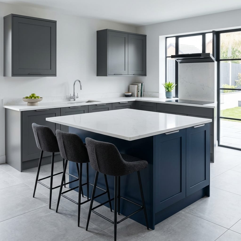 square1_800x800-119 Bespoke kitchen island detail, matt painted handleless slab cabinetry with quality joinery