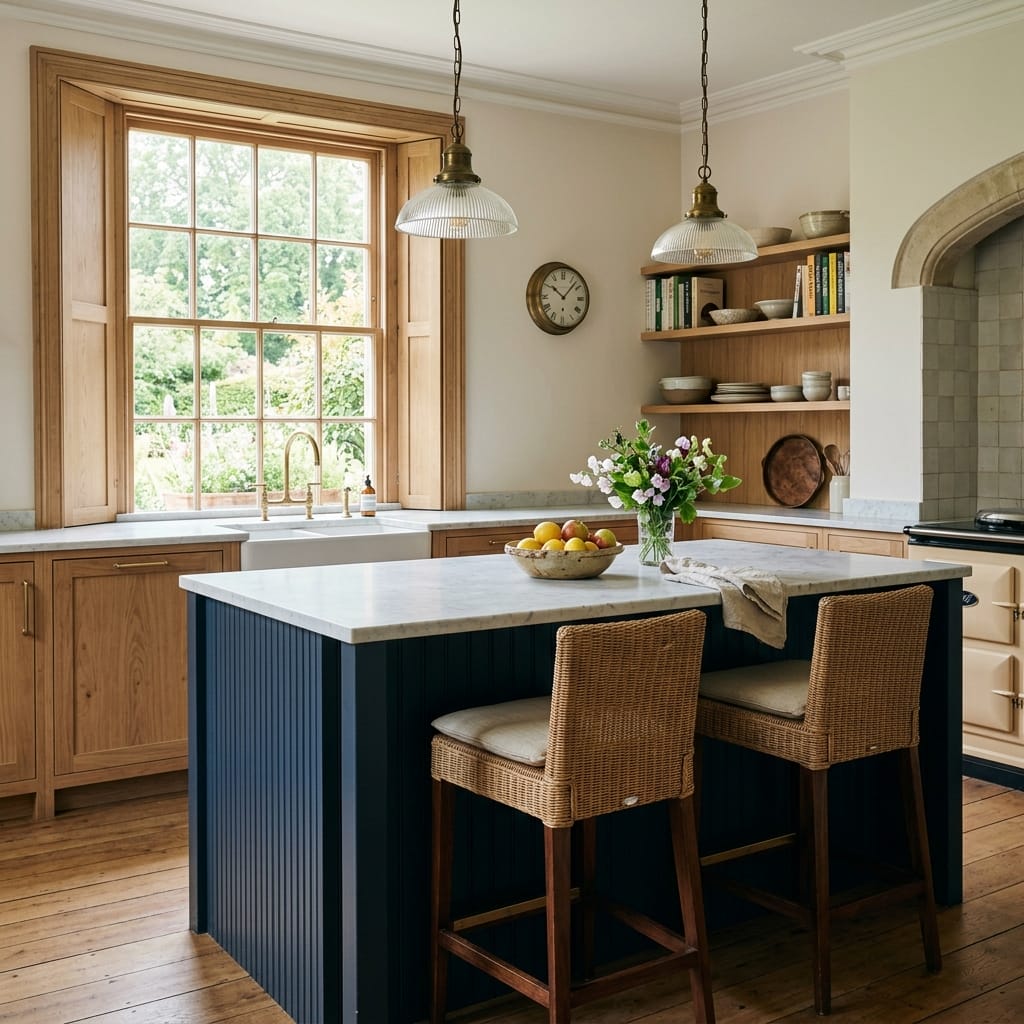 square1_800x800-12 navy island with marble top, wicker stools, large wooden window, open shelving