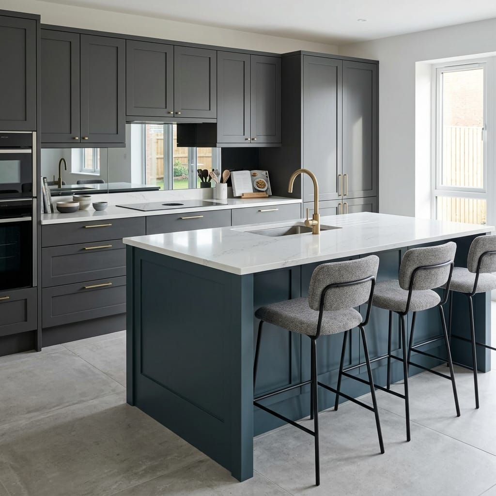 square1_800x800-123 modern kitchen with grey cabinets, marble island and three grey bar stools