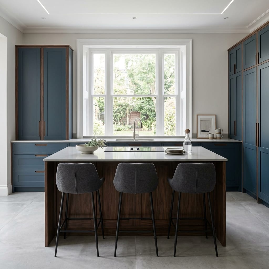 Bespoke kitchen island detail in a Liverpool home, timber veneer slab-door cabinetry with quality joinery
