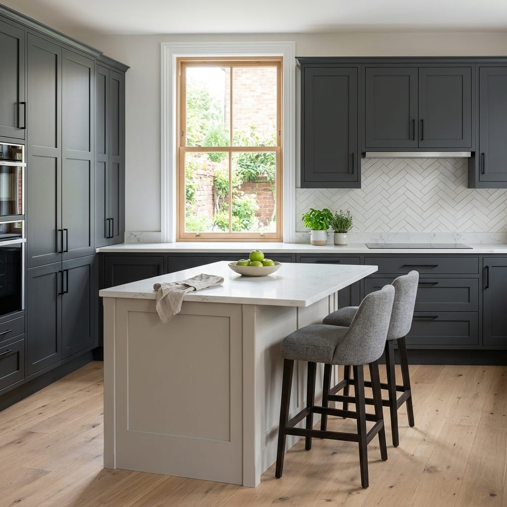 Charcoal grey kitchen units, white island, herringbone tile splashback, pale wood floor