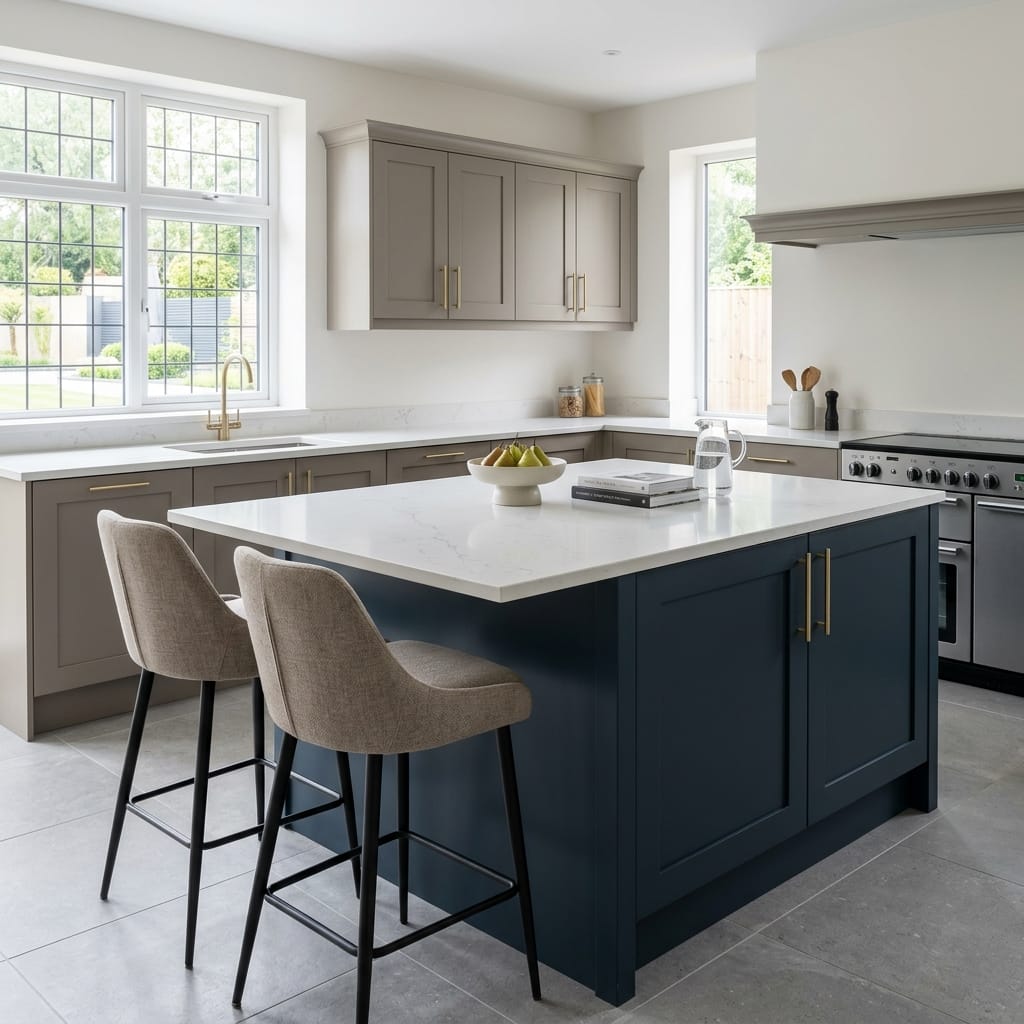 Bespoke kitchen island detail, contemporary painted lay-on cabinetry with quality joinery