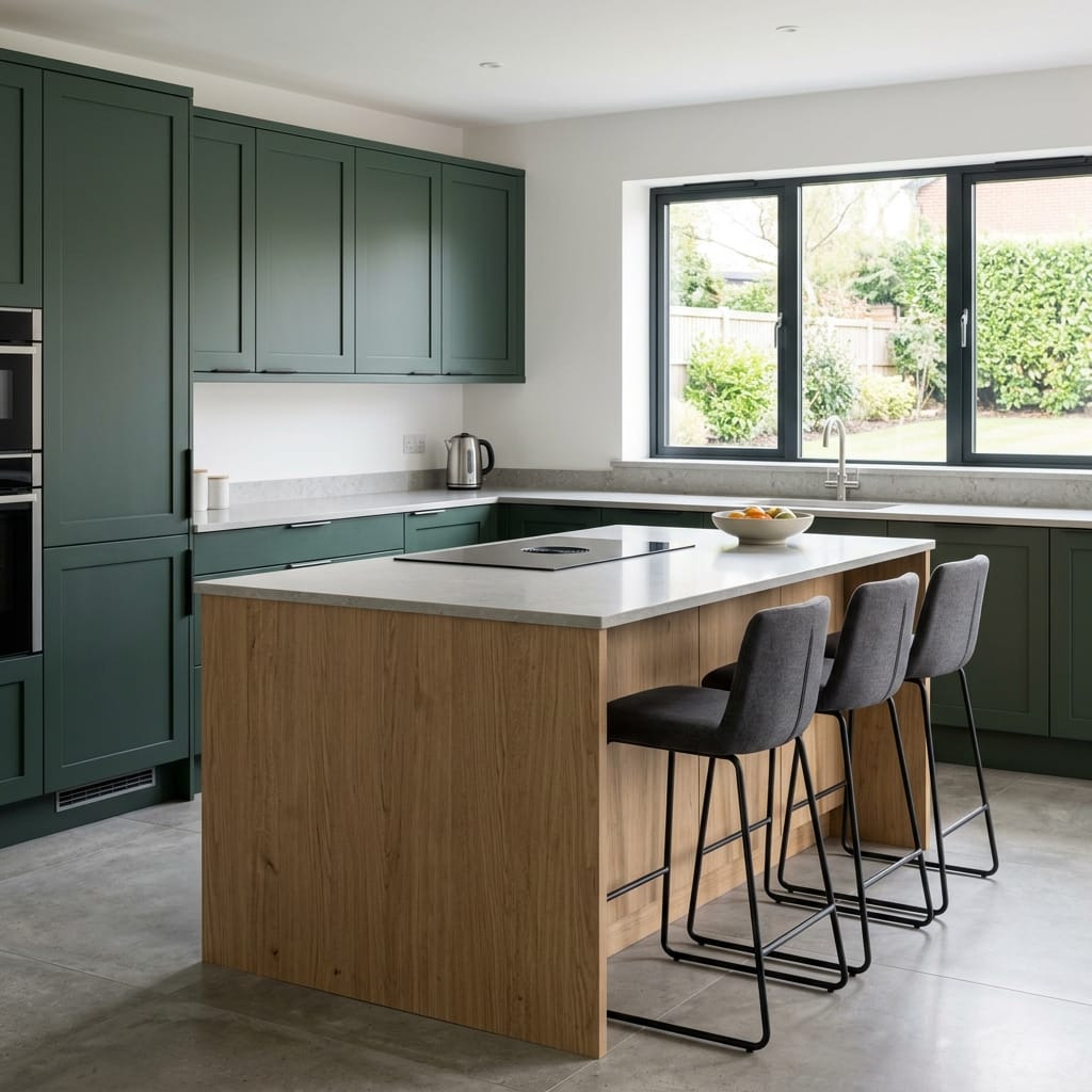 square1_800x800-128 Bespoke kitchen island detail, matt painted handleless slab cabinetry with quality joinery