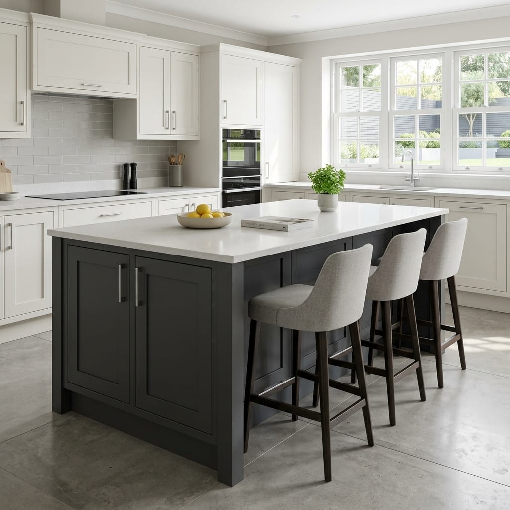 square1_800x800-129 Modern kitchen with grey island, white worktops and three upholstered bar stools