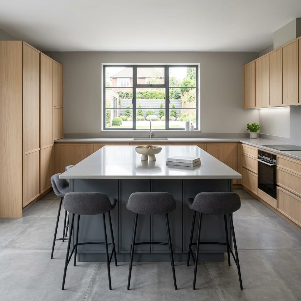 modern kitchen with light wood units, grey island and large window