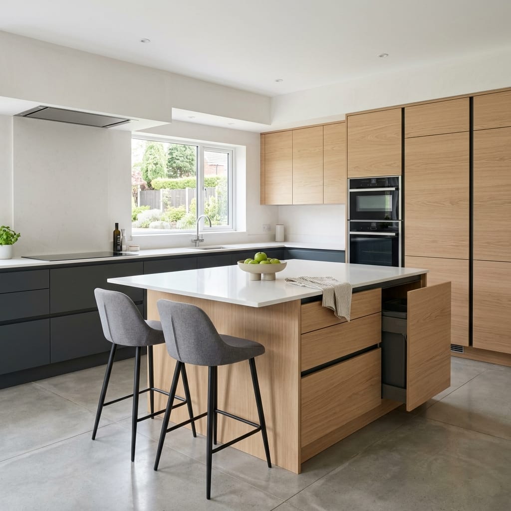 Modern kitchen with wood and dark grey units, island with white worktop