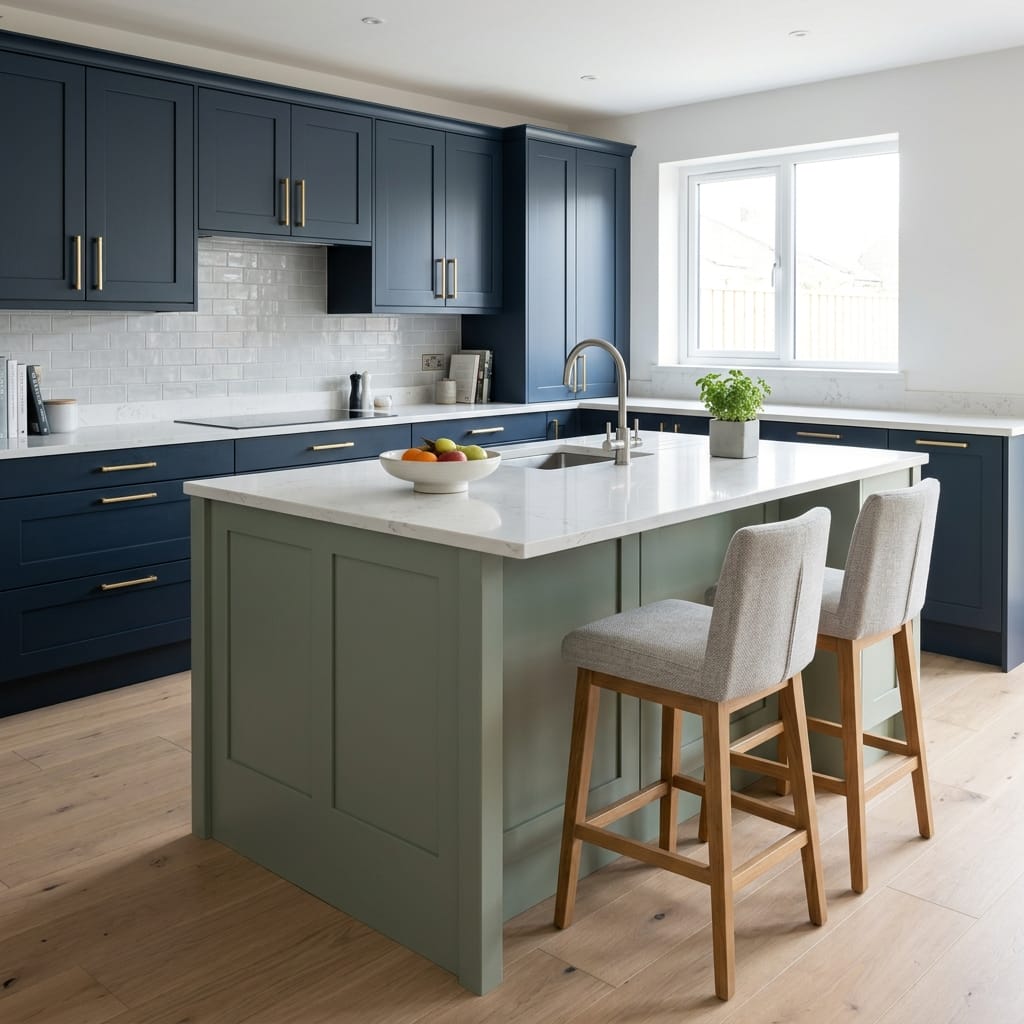 Navy and sage green Mastercraft kitchen with marble island and light wood flooring