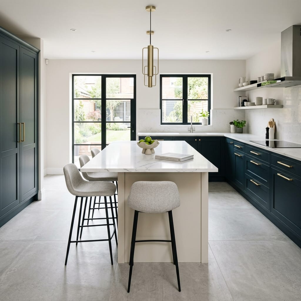 Modern kitchen with navy units, marble island, gold handles and large windows