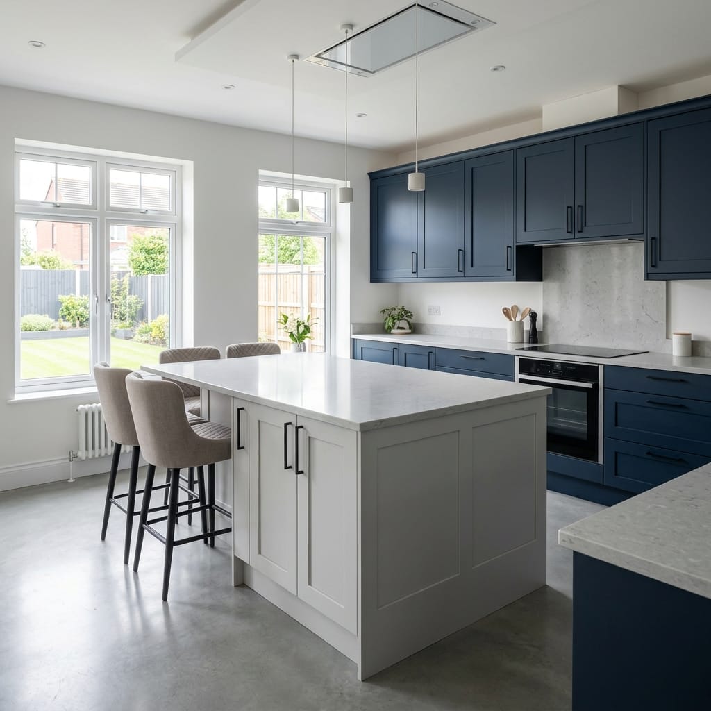 Bespoke kitchen island detail, contemporary painted lay-on cabinetry with quality joinery