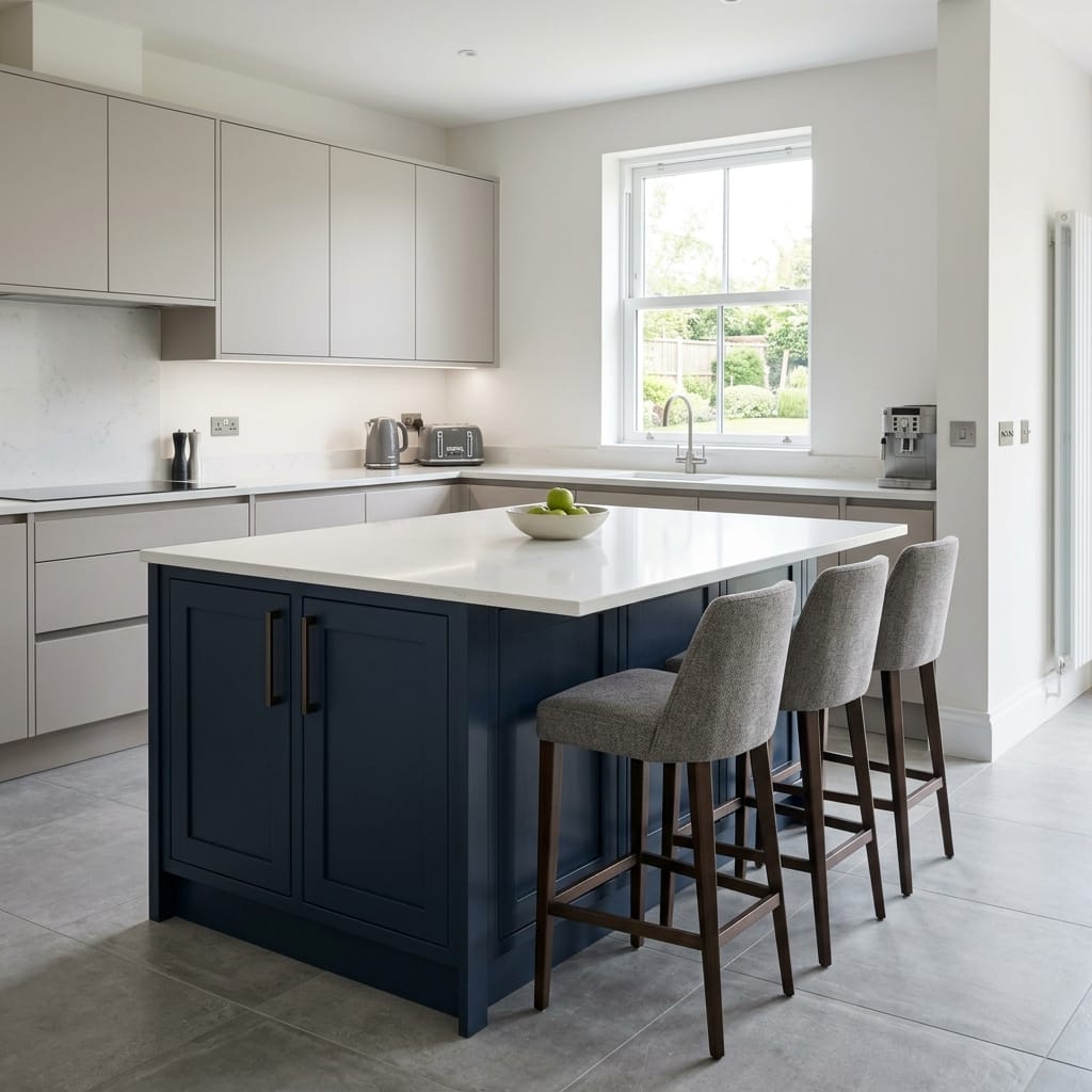 modern kitchen with navy island, pale cabinets, grey bar stools and large window