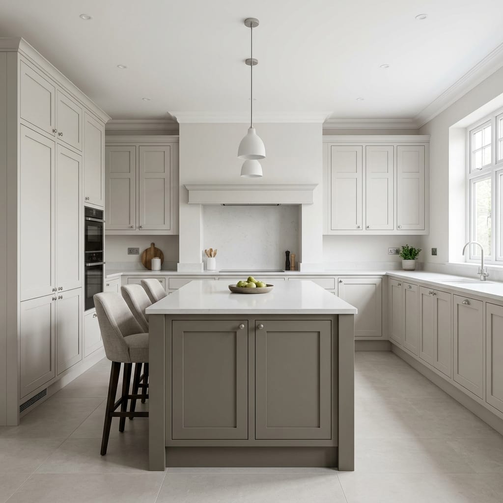square1_800x800-138 light grey kitchen with shaker cabinets and central island with stools