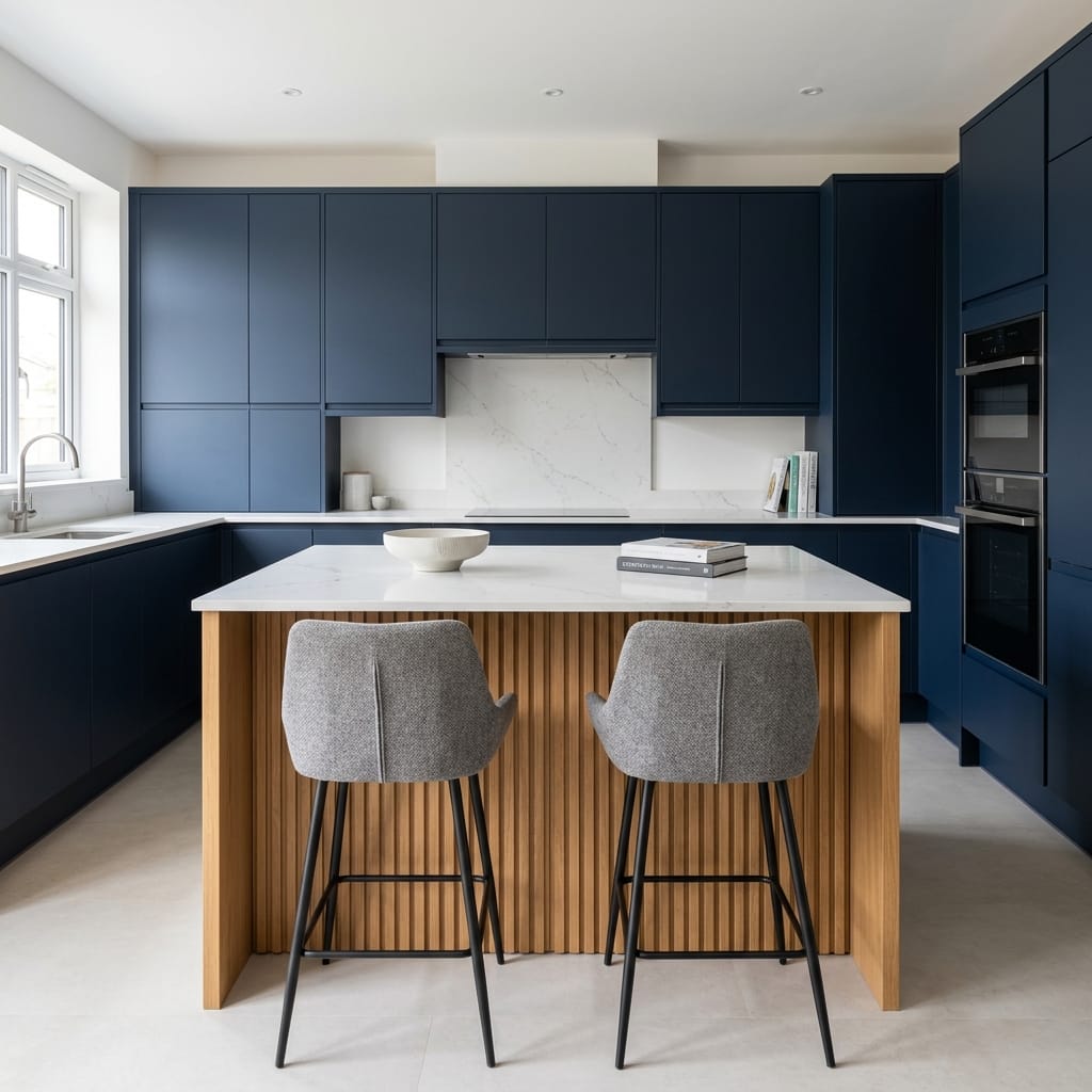 square1_800x800-139 Bespoke kitchen island detail, matt painted handleless slab cabinetry with quality joinery