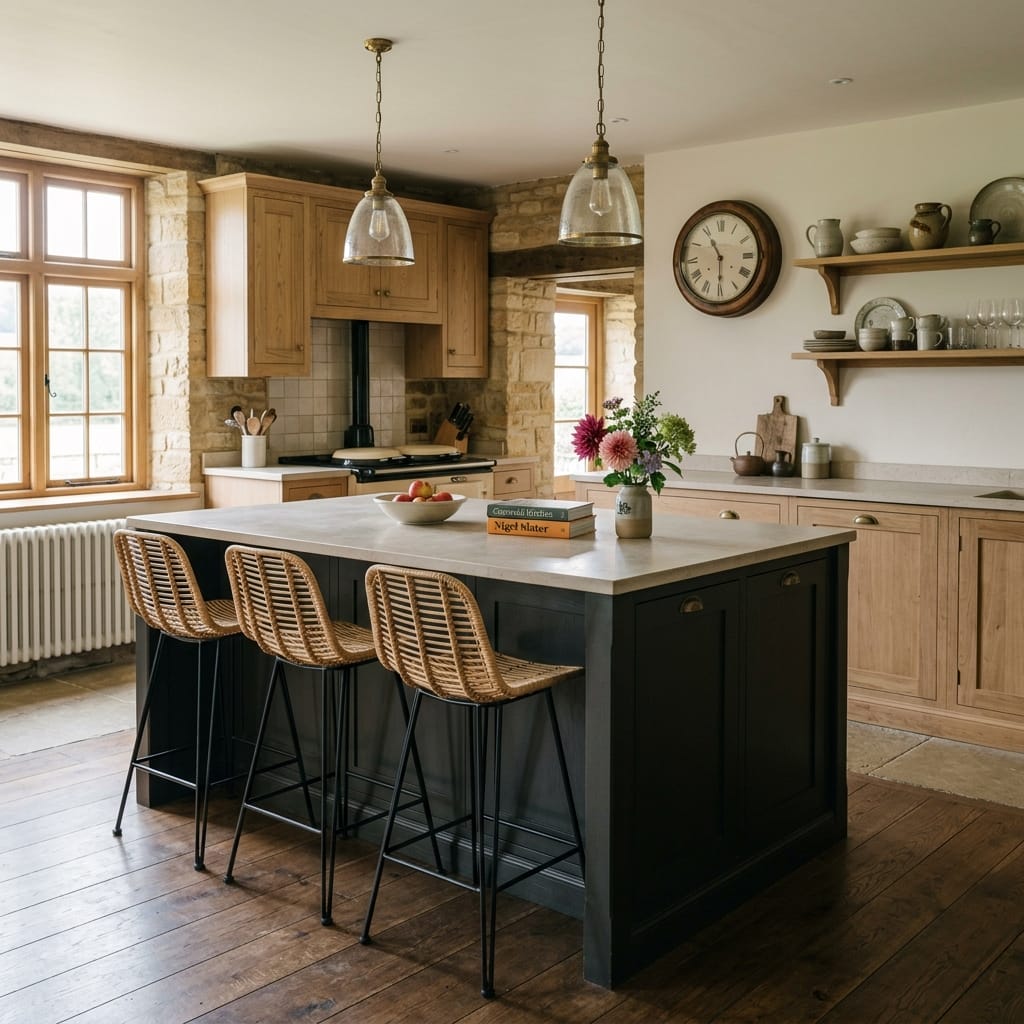 Rustic Mastercraft kitchen with dark island, wicker stools and wooden open shelving