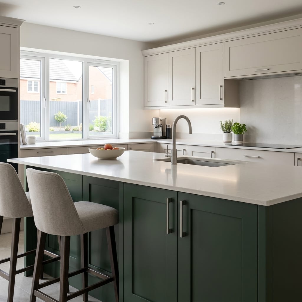 green island with white worktop and two upholstered bar stools