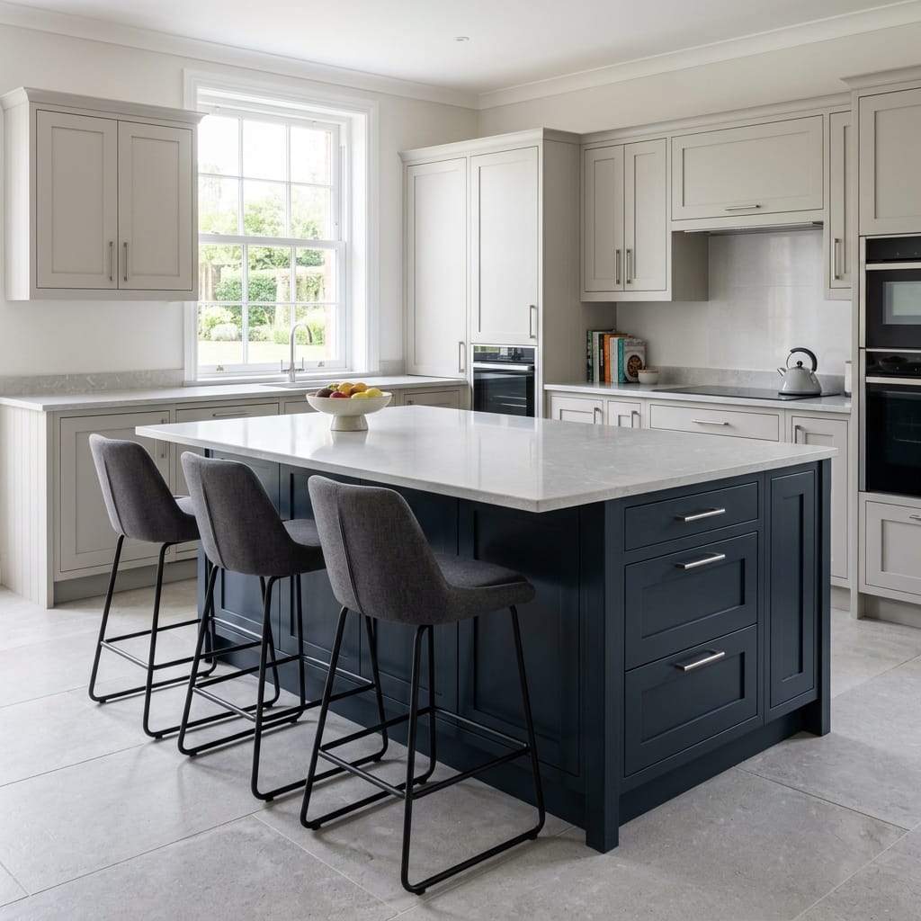 square1_800x800-141 Modern kitchen with navy island, grey chairs and pale shaker units