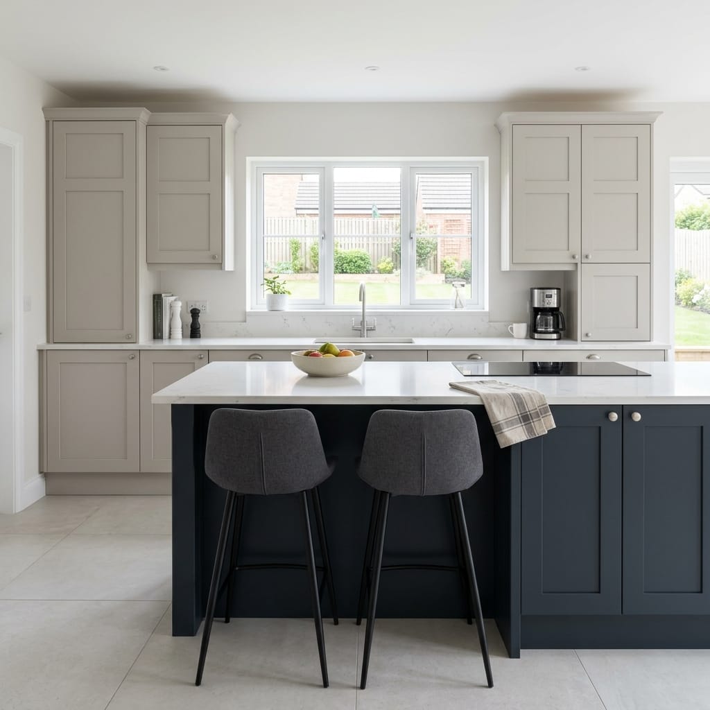 Modern Mastercraft kitchen with grey island, pale cabinets and large central window