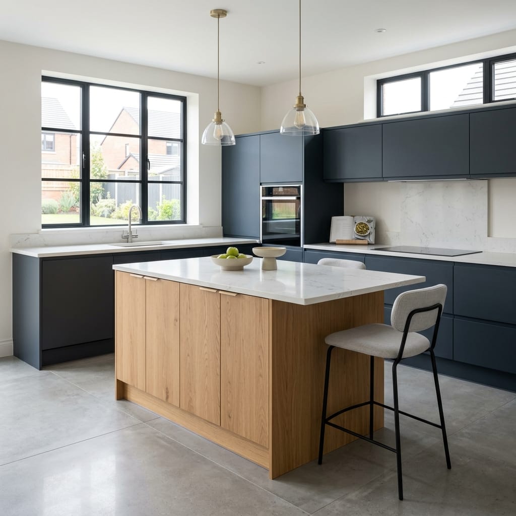 Modern Mastercraft kitchen with matte navy units, wood island and marble worktops