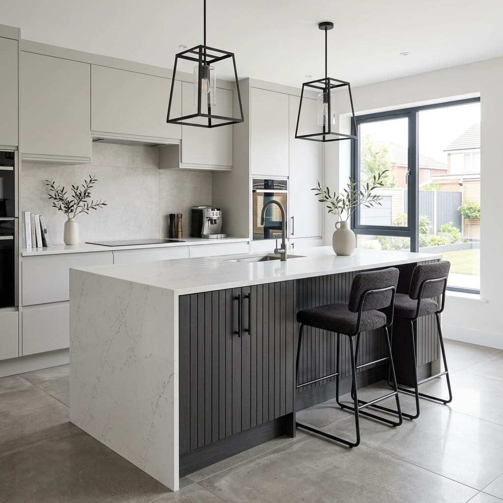 square1_800x800-145 Modern Mastercraft kitchen with monochrome island, ribbed panels and geometric pendant lights