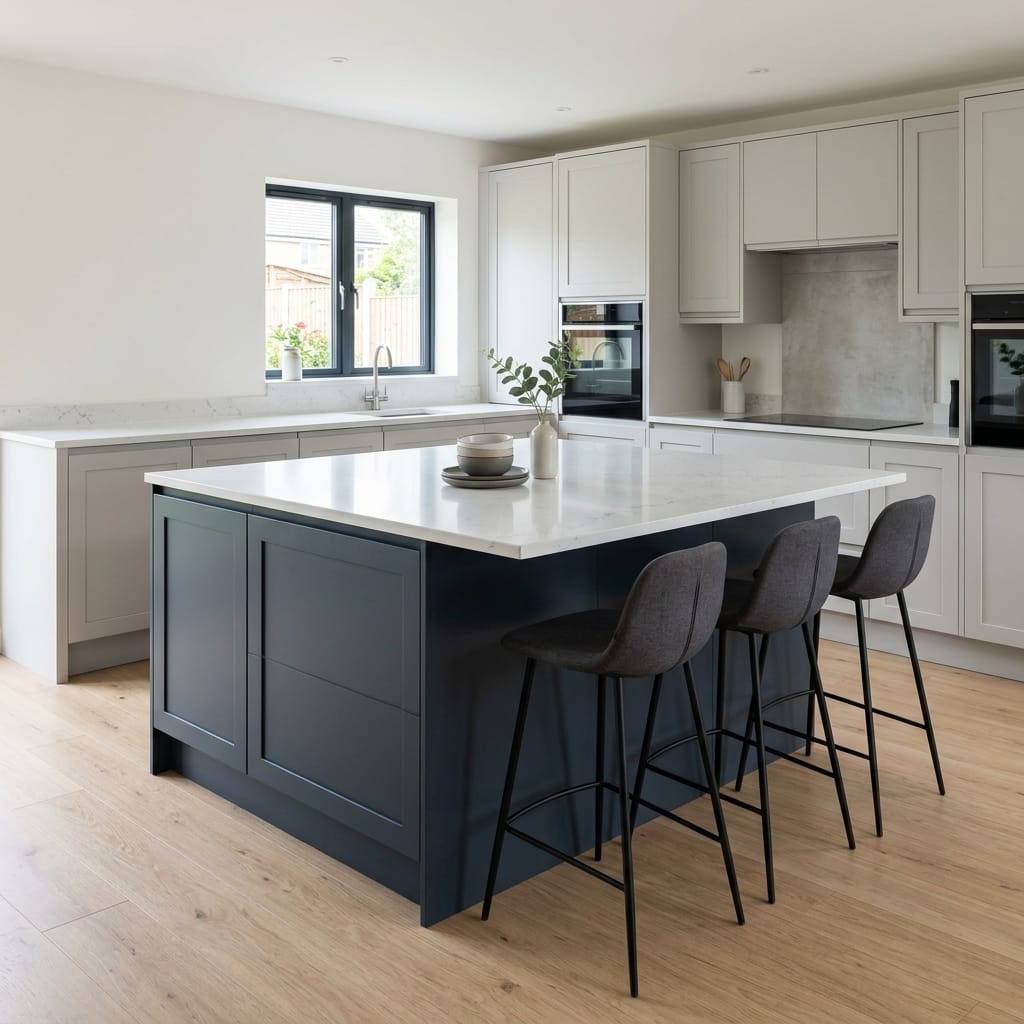 modern kitchen with navy island, white worktops and three dark bar stools