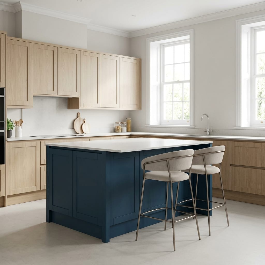 Bespoke kitchen island detail, modern shaker cabinetry with quality joinery