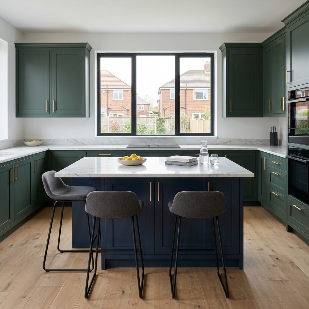green and navy kitchen with marble worktops and large central window
