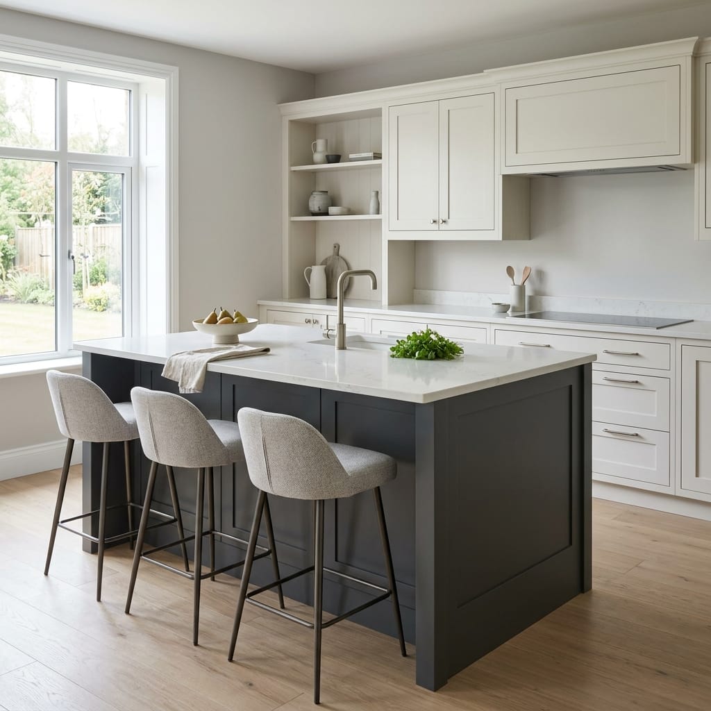 Modern kitchen with dark island, light worktops, and three grey bar stools