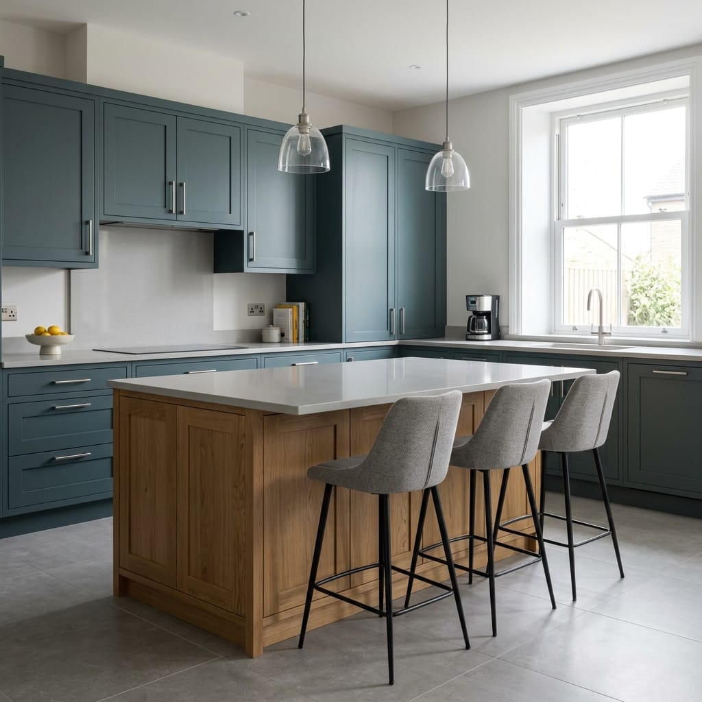Bespoke kitchen island detail, timber veneer slab-door cabinetry with quality joinery