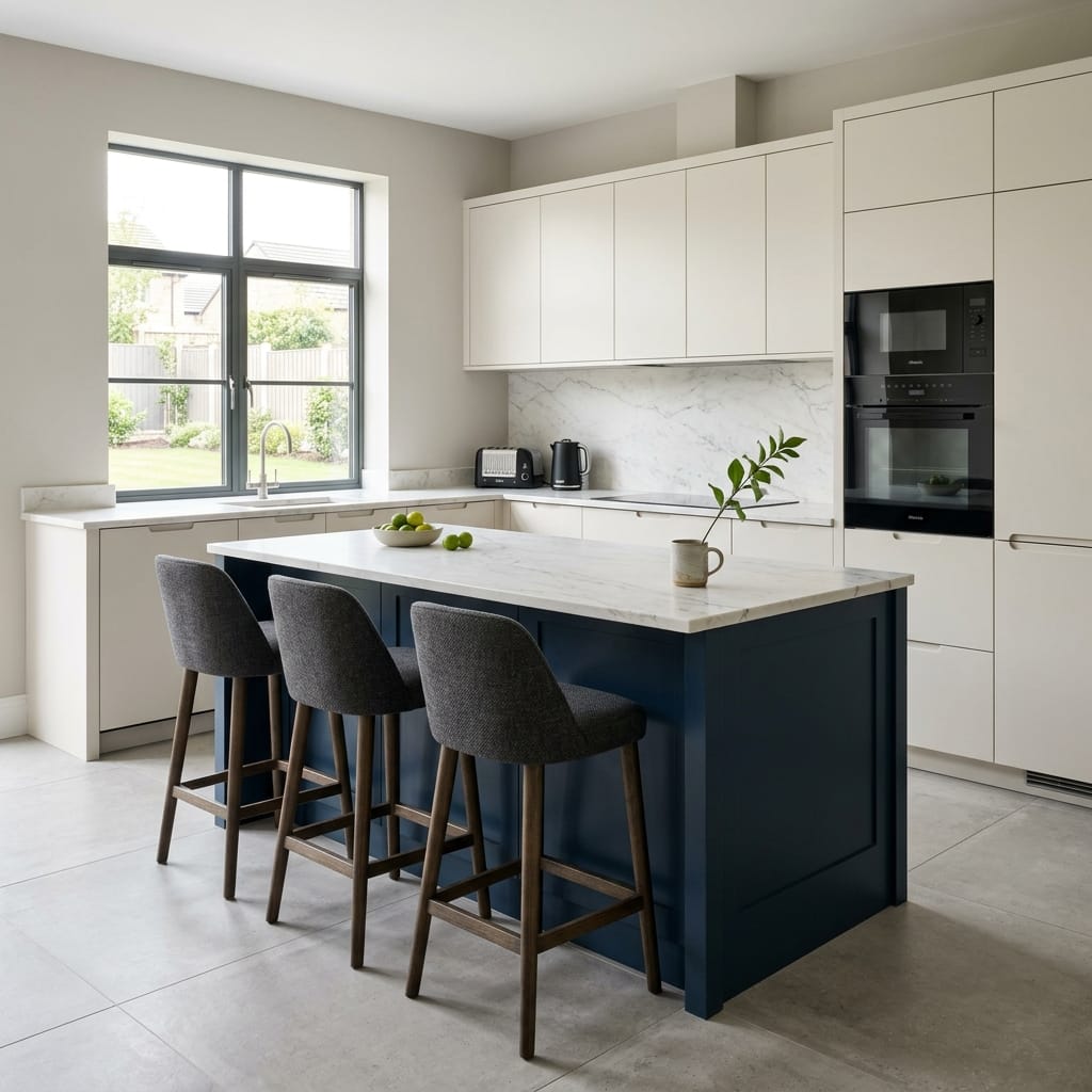 square1_800x800-153 Bespoke kitchen island detail, matt painted handleless slab cabinetry with quality joinery