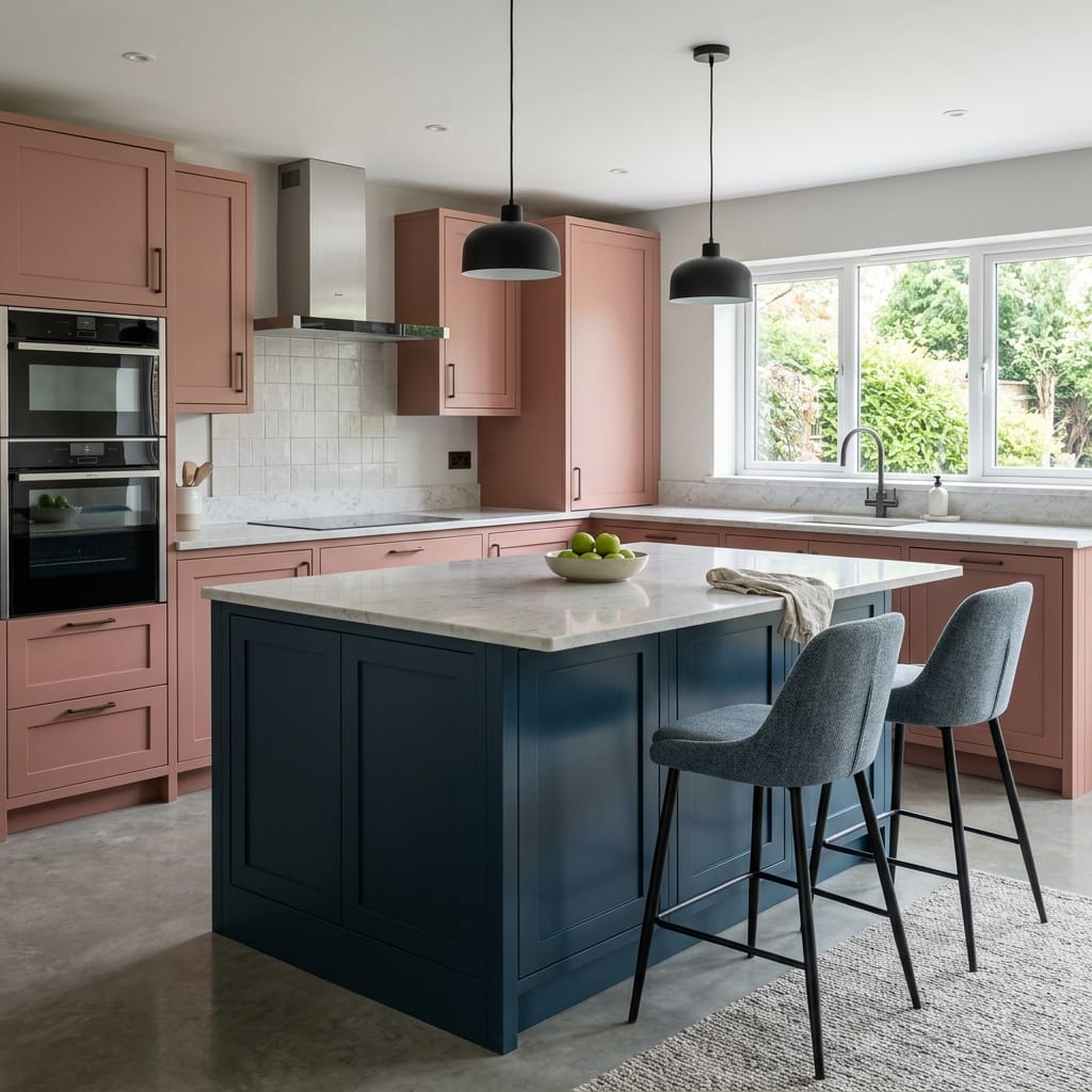 pink cupboards with navy island, marble worktops and black pendant lights