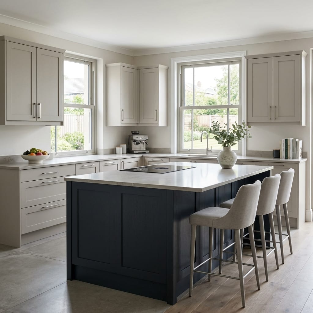modern kitchen with pale cabinets, navy island and three upholstered bar stools