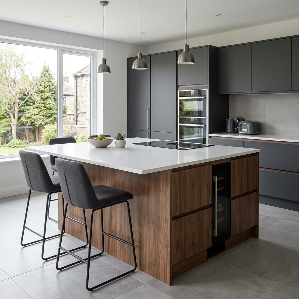 Bespoke kitchen island detail, modern shaker cabinetry with quality joinery