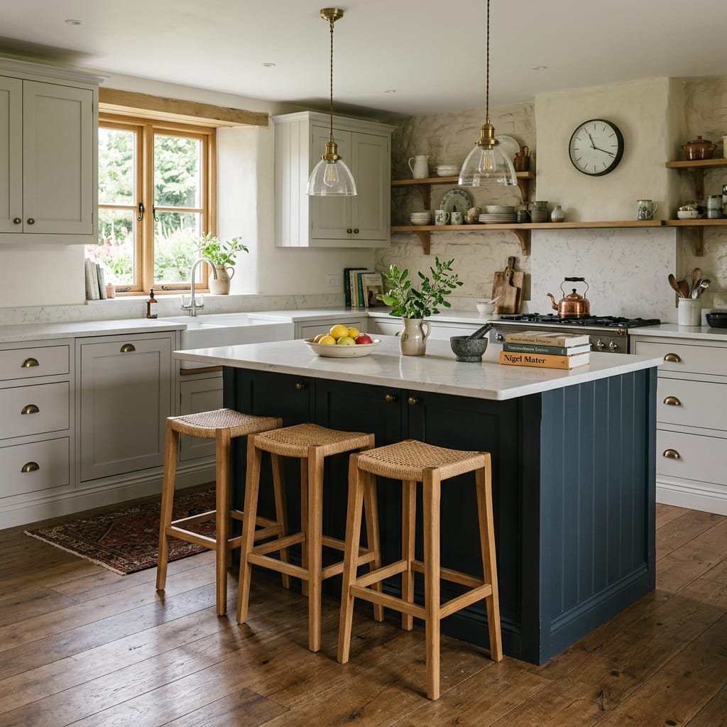 country kitchen with navy island, wooden stools and open shelving