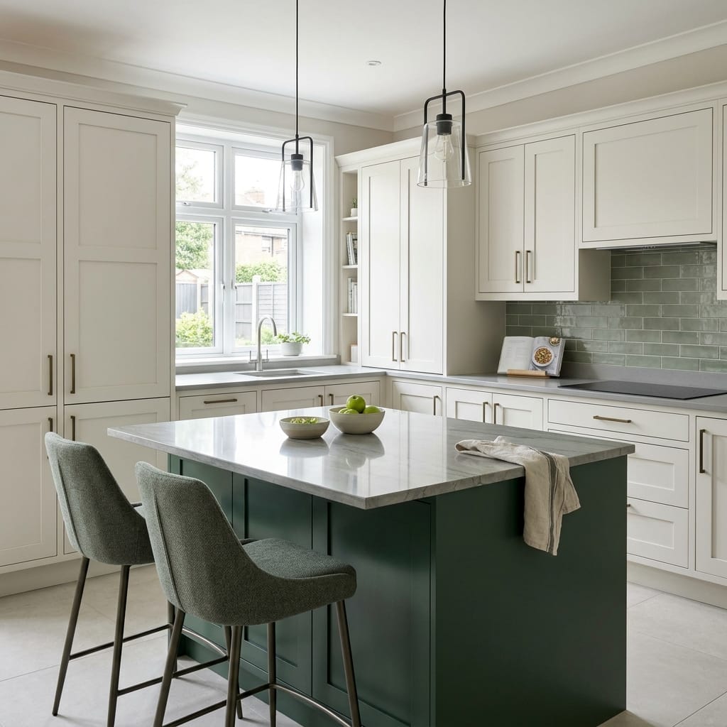 square1_800x800-160 Bespoke kitchen island detail, matt painted handleless slab cabinetry with quality joinery