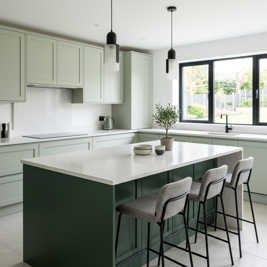 sage green kitchen with white marble island and black framed windows