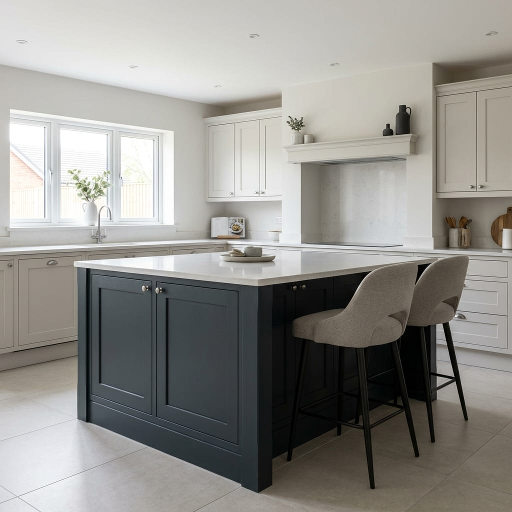 Modern Mastercraft kitchen with dark island, light cabinets and minimalist decor