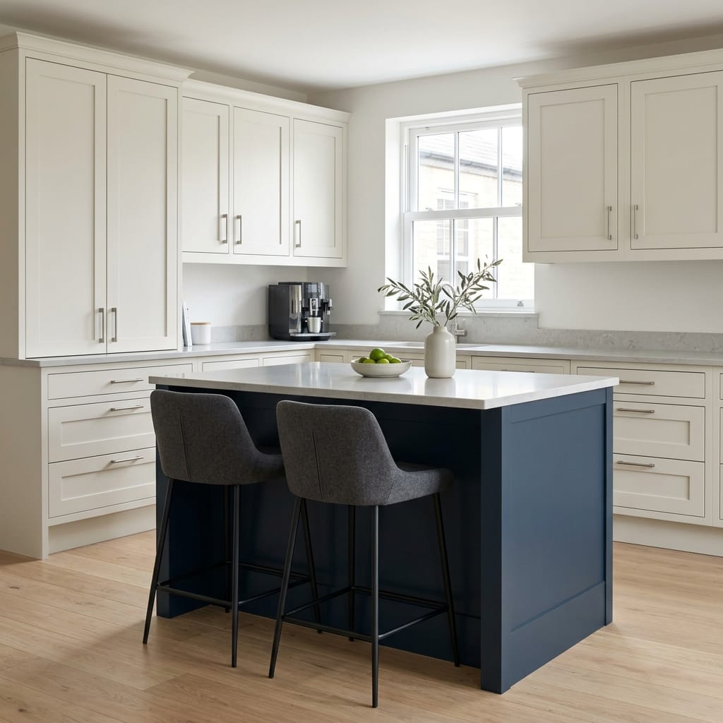 square1_800x800-163 Modern kitchen with navy island, grey chairs and white shaker cabinets