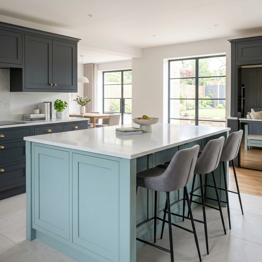 square1_800x800-164 pale blue kitchen island with white marble worktop and grey bar stools
