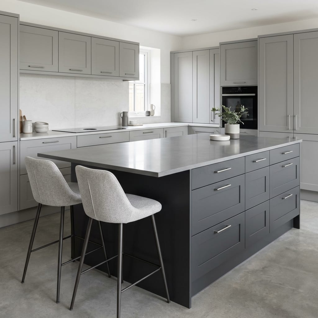 modern grey kitchen with large island and two upholstered bar stools